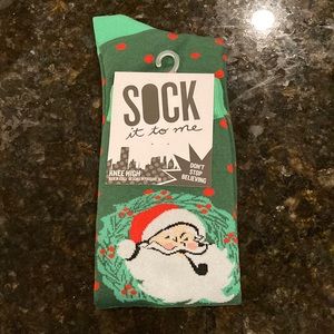 Sock It To Me Don’t Stop Believing Santa Knee High Socks NWT Holiday Christmas